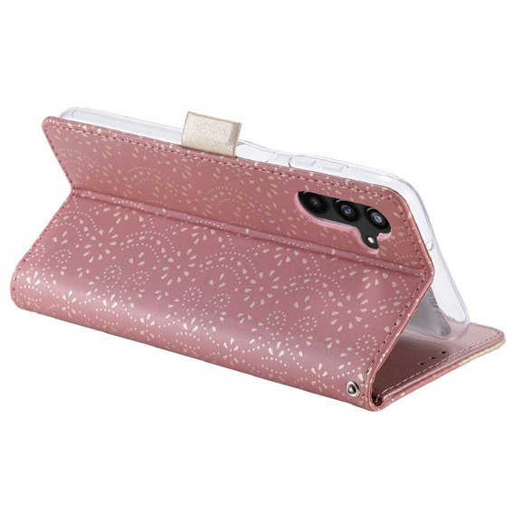 θήκη πτερύγιο για Samsung Galaxy A54 5G, Wallet Pocket Zipper Lace, ροζ