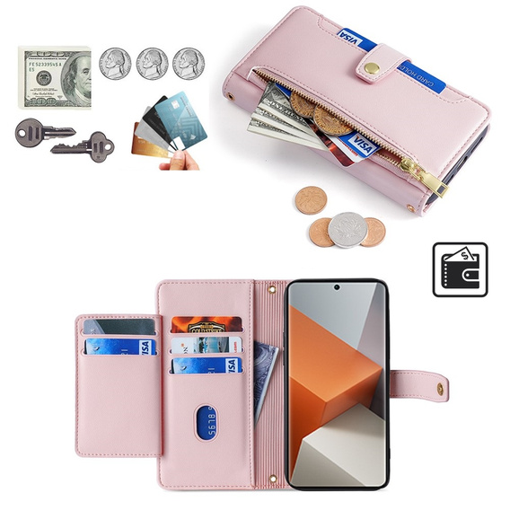 Θήκη με πτερύγιο για Xiaomi Redmi Note 13 Pro+, Wallet Zipper Pocket, ροζ