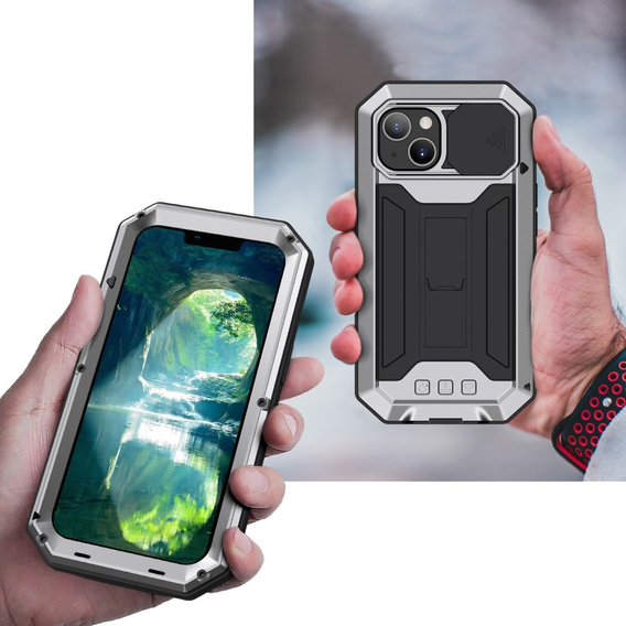 Θήκη για iPhone 13 Mini, R-JUST CamShield Slide, θωρακισμένη, ασημένια / μαύρη