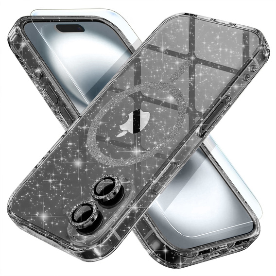 Θήκη για iPhone 16, ERBORD Glitter MagSafe, μαύρη + Γυαλί οθόνης