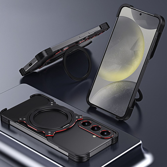 Θήκη για Samsung Galaxy S25, Kickstand Bumper, με κάλυμμα φακού, για MagSafe, μαύρο / ασημί