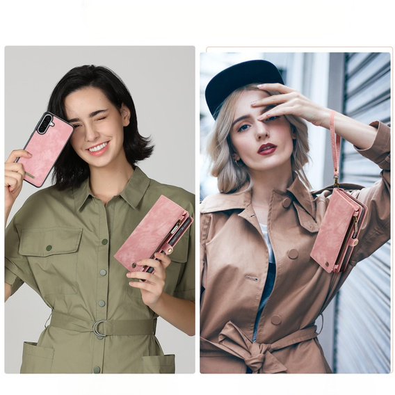 CASEME θήκη για Samsung Galaxy A56 5G, Retro Leather Wallet, με λουράκι, ροζ