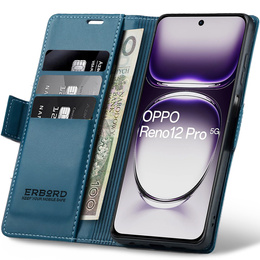 Θήκη για Oppo Reno 12 Pro, ERBORD Glossy Litchi, πορτοφόλι με πτερύγιο, μπλε