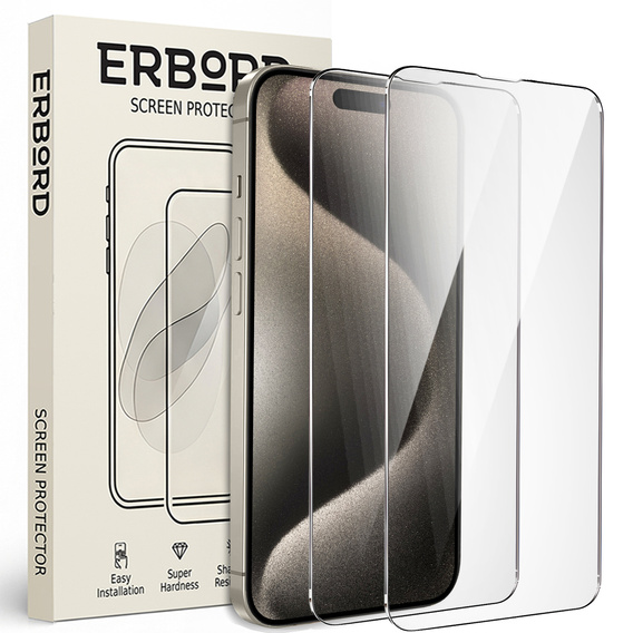 2x Μετριασμένο γυαλί για iPhone 15 Pro, ERBORD 9H Hard Glass στην οθόνη