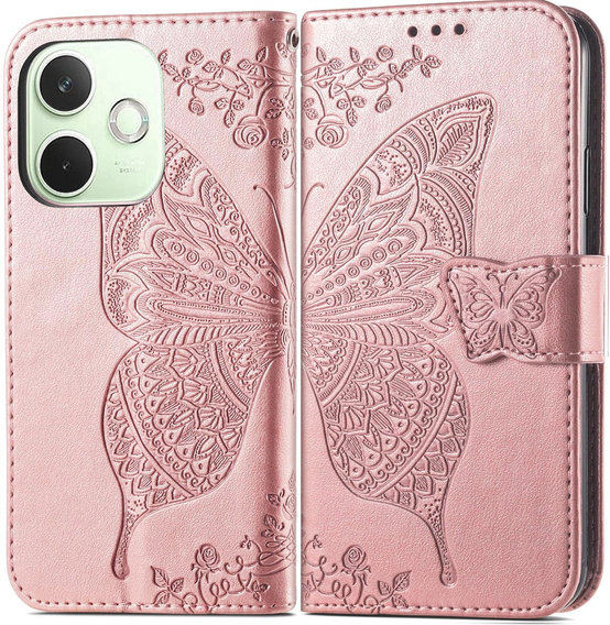 Θήκη με πτερύγιο για Oppo A5 Pro 5G, Butterfly, ροζ rose gold