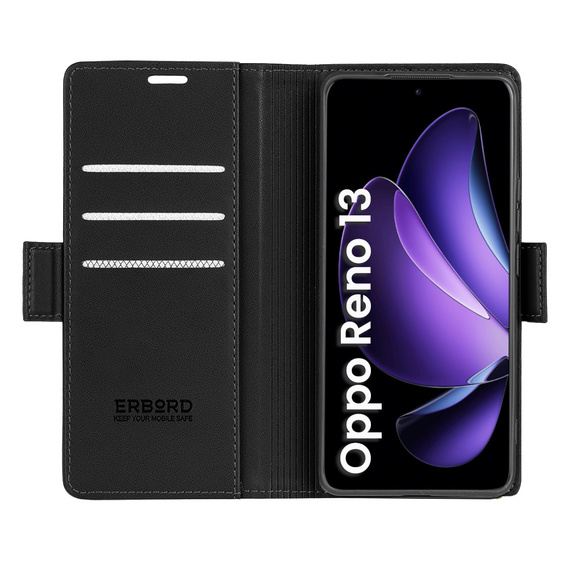Θήκη για Oppo Reno 13, ERBORD Glossy Litchi, πορτοφόλι με πτερύγιο, μαύρη