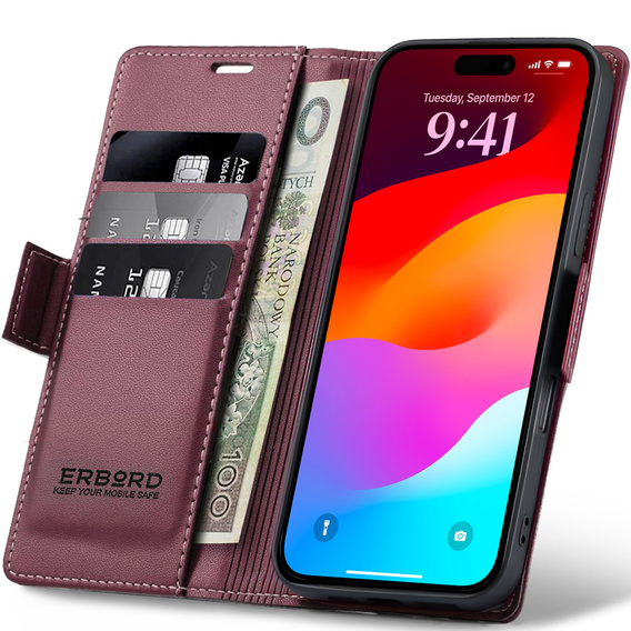 ERBORD Γυαλιστερή θήκη Litchi, flip πορτοφόλι για iPhone 17 Pro Max
