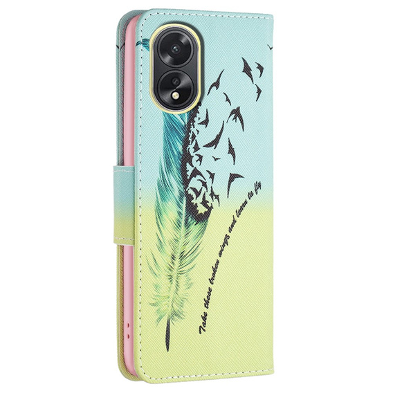 Θήκη με πτερύγιο για Oppo A38 4G / Oppo A18 4G, Wallet, Feather μπλε / κίτρινη