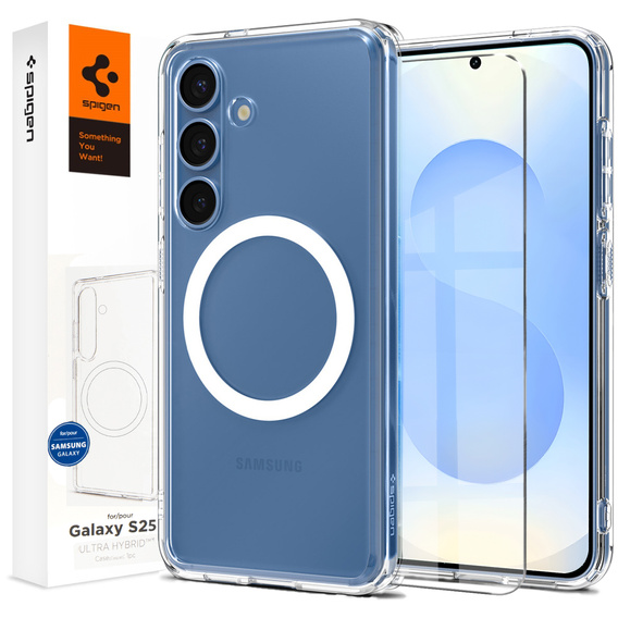 Θήκη MagSafe Spigen για Samsung Galaxy S25+ Plus, Ultra Hybrid, διάφανο / λευκό + Μετριασμένο γυαλί 9H