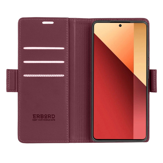 Θήκη για Xiaomi Redmi Note 13 Pro 4G, ERBORD Glossy Litchi, πορτοφόλι με πτερύγιο, κόκκινη