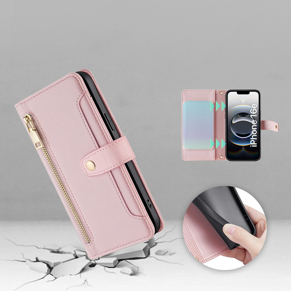Θήκη με πτερύγιο για iPhone 16E, Wallet Zipper Pocket, ροζ