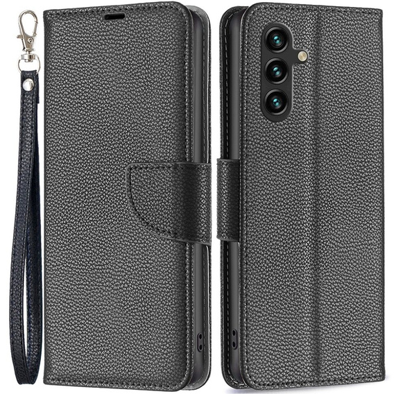 Θήκη με πτερύγιο για Samsung Galaxy A15, Wallet Litchi Leather, μαύρη + γυαλί 9H 