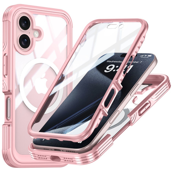Θήκη για iPhone 16, Shockproof, με γυαλί, για MagSafe, ροζ