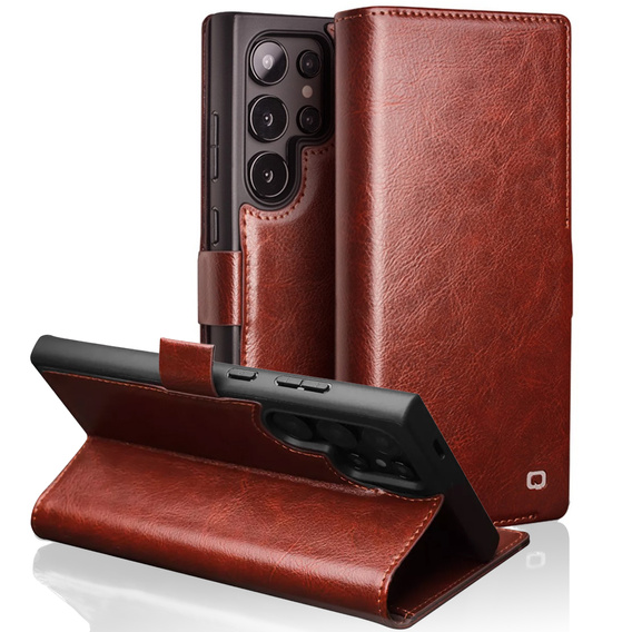 θήκη flip για Samsung Galaxy S25 Ultra, QIALINO Leather Wallet, σκούρο καφέ