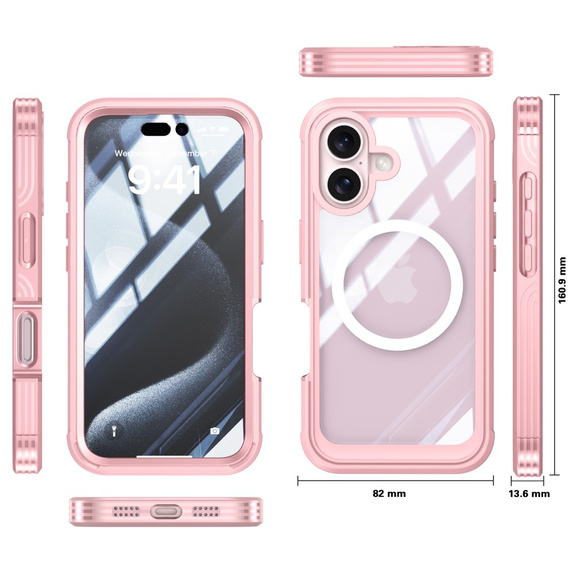 Θήκη για iPhone 16, Shockproof, με γυαλί, για MagSafe, ροζ