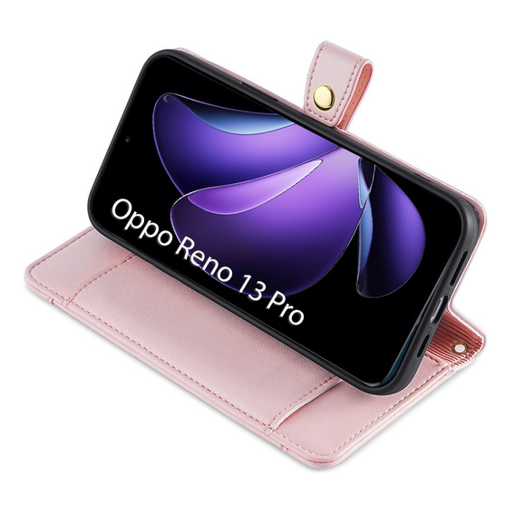 Θήκη με πτερύγιο για Oppo Reno 13 Pro, Wallet Zipper Pocket, ροζ