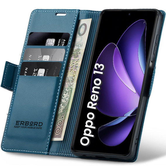Θήκη για Oppo Reno 13, ERBORD Glossy Litchi, πορτοφόλι με πτερύγιο, μπλε