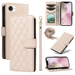θήκη πτερύγιο για iPhone 16E, Rhombus Crossbody Leather, μπεζ