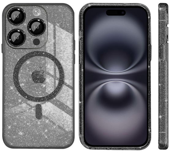 Θήκη για iPhone 16 Pro, ERBORD Glitter MagSafe, μαύρη + Γυαλί οθόνης