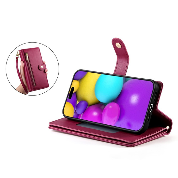Θήκη με πτερύγιο για iPhone 16, Wallet Zipper Pocket, κόκκινη