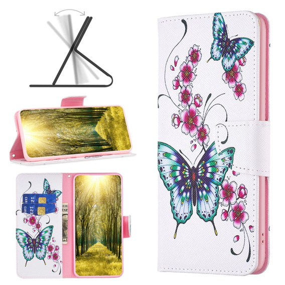 Θήκη με πτερύγιο για Xiaomi Redmi Note 13 5G, Wallet, Butterflies & Flowers λευκή