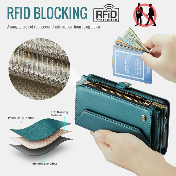 θήκη CASEME για Samsung Galaxy S25 FE, RFID Leather Wallet, με λουράκι ώμου, πράσινη