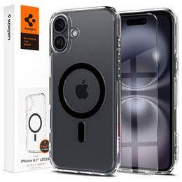 Θήκη MagSafe Spigen για iPhone 16, Ultra Hybrid, διαφανής / μαύρη + Μετριασμένο γυαλί 9H