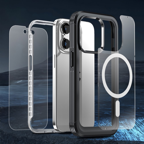 Θήκη για iPhone 15 Pro, θωρακισμένη πλήρης προστασία 360° για MagSafe, γυαλί οθόνης, μαύρη