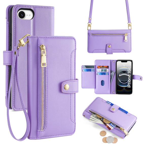 Θήκη με πτερύγιο για iPhone 16E, Wallet Zipper Pocket, μωβ