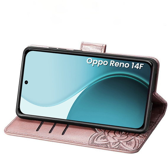 Θήκη πτερύγιο για Oppo Reno 14F, πορτοφόλι, πεταλούδα, ροζ χρυσό