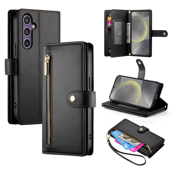 Θήκη με πτερύγιο για Samsung Galaxy S25, Wallet Zipper Pocket, μαύρη