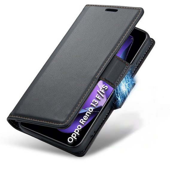 Θήκη για Oppo Reno 13F / Oppo Reno 13FS, ERBORD Glossy Litchi, πορτοφόλι με πτερύγιο, μαύρη