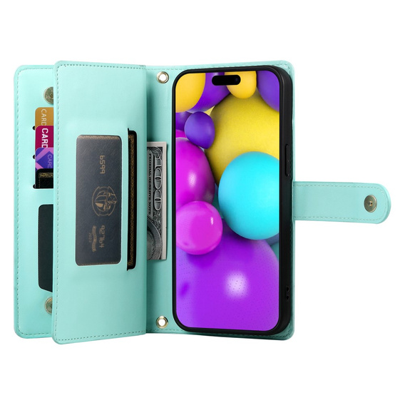 Θήκη με πτερύγιο για iPhone 16 Plus, Wallet Zipper Pocket, πράσινη