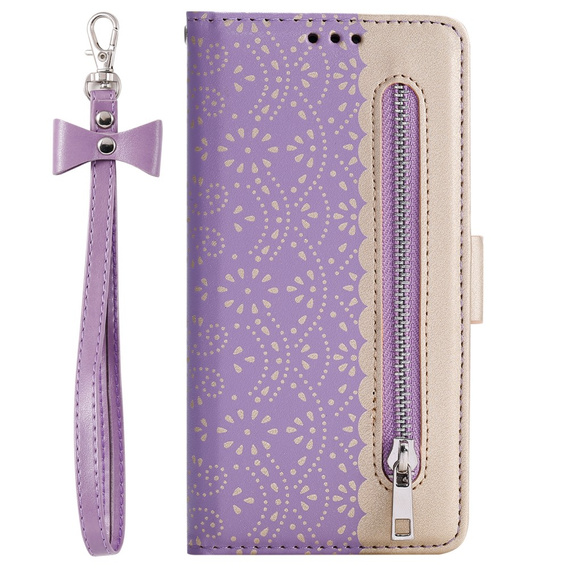 θήκη πτερύγιο για Samsung Galaxy S22+ Plus 5G, Wallet Pocket Zipper Lace, μωβ