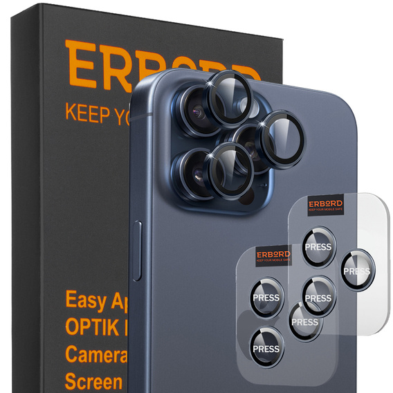2x ERBORD OPTIK Pro μετριασμένο γυαλί για κάμερα iPhone 16 Pro/16 Pro Max / 15 Pro/15 Pro Max/14 Pro/14 Pro Max, μπλε τιτανίου