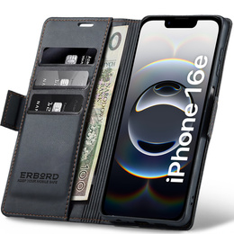 Θήκη για Iphone 16E, ERBORD Glossy Litchi, πορτοφόλι με πτερύγιο, μαύρη