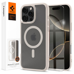 Θήκη MagSafe Spigen για iPhone 16 Pro, Ultra Hybrid, διαφανές / τιτάνιο + Μετριασμένο γυαλί 9H