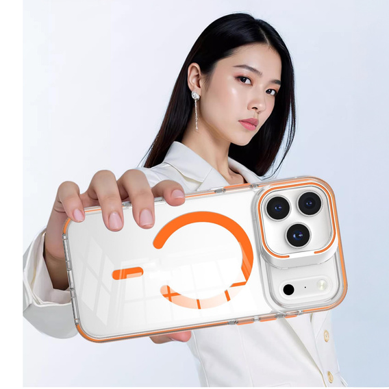 Θήκη για iPhone 17 Pro, για MagSafe, με βάση, διάφανη με πορτοκαλί ένθετα