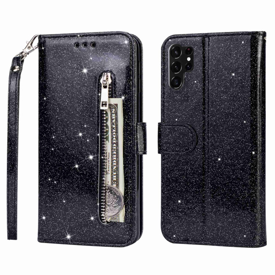 Θήκη με πτερύγιο για Samsung Galaxy S24 Ultra, Wallet Zipper Pocket Glittery, μαύρη
