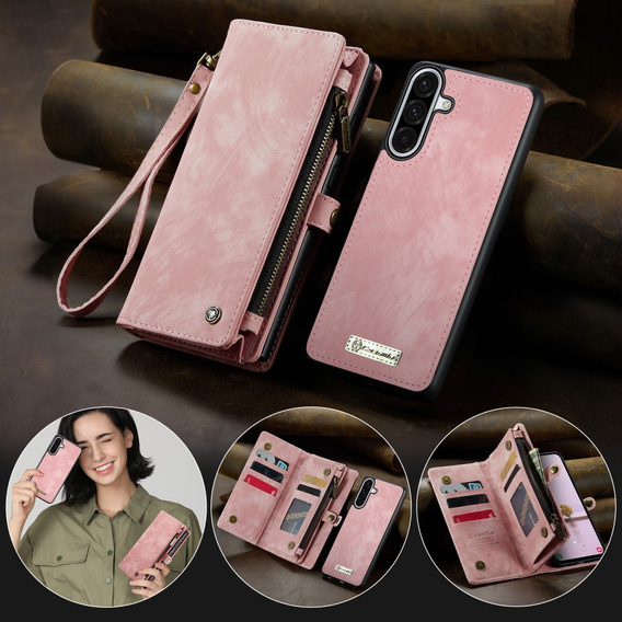 CASEME θήκη για Samsung Galaxy A56 5G, Retro Leather Wallet, με λουράκι, ροζ