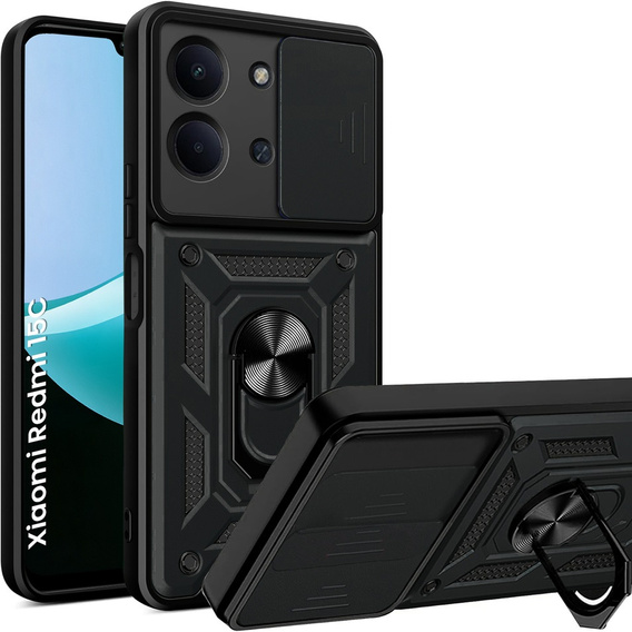 Θωρακισμένη θήκη για Xiaomi Redmi 15C 4G/LTE, με προστασία κάμερας, με βάση, μαύρο