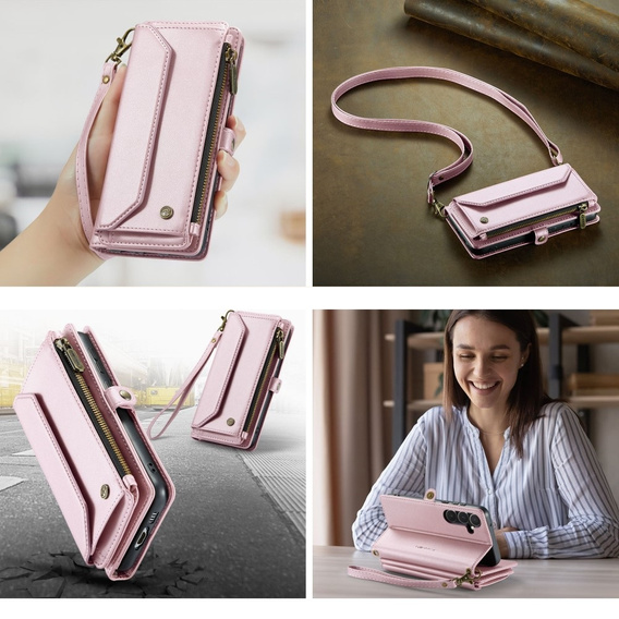 θήκη CASEME για Samsung Galaxy A55 5G, RFID Leather Wallet, με λουράκι ώμου, ροζ