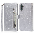 Θήκη με πτερύγιο για Samsung Galaxy A56 5G, Wallet Zipper Pocket Glittery, ασημένια