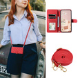 θήκη πτερύγιο για iPhone 16 Plus, Rhombus Crossbody Leather, κόκκινη