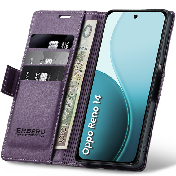 Θήκη για Oppo Reno 14, ERBORD Glossy Litchi, πορτοφόλι με πτερύγιο, μωβ