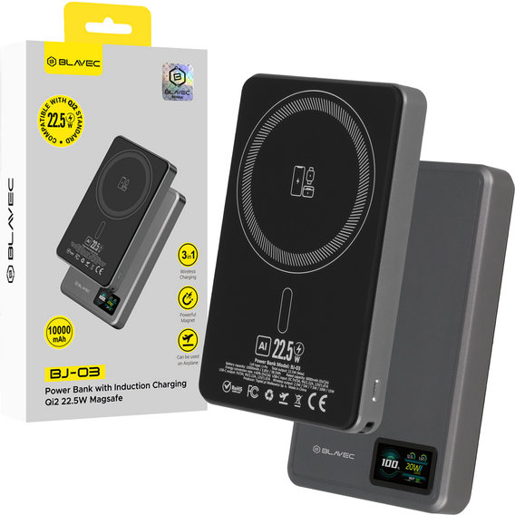 Blavec Power Bank 10000mAh BJ-03 Slim 13.5mm - Τύπος C - 22.5W, MagSafe 3in1 - γκρι