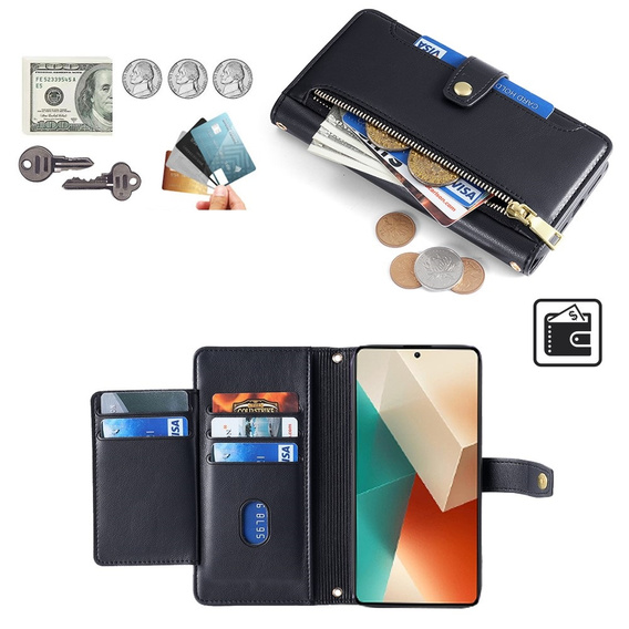 Θήκη με πτερύγιο για Xiaomi Redmi Note 13 5G, Wallet Zipper Pocket, μαύρη