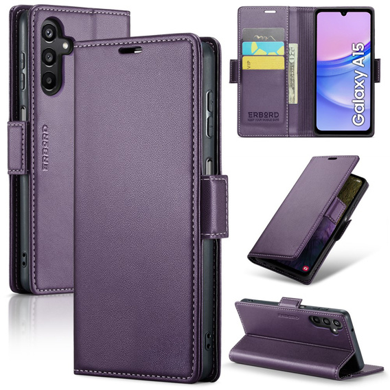 Θήκη για Samsung Galaxy A15 4G / 5G, ERBORD Γυαλιστερό Λίτσι, flip πορτοφόλι + 9H γυαλί μετριασμένο
