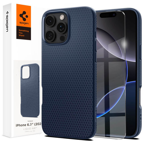 θήκη Spigen για iPhone 16 Pro, Liquid Air, σκούρο μπλε + μετριασμένο γυαλί 9H
