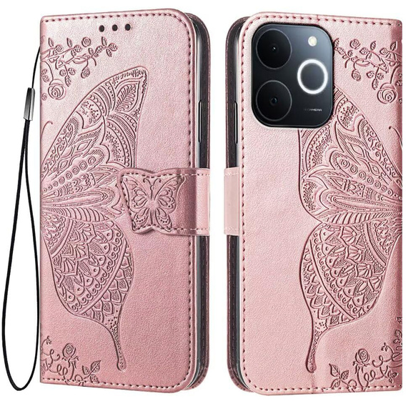 Θήκη με πτερύγιο για Realme Note 70T 4G, Butterfly, ροζ rose gold